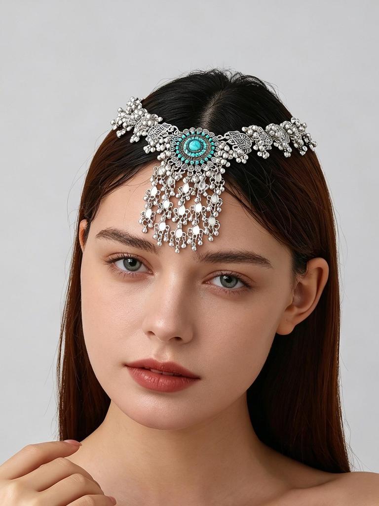 Ethnic Retro Tassel Rhinestone Forehead Chain for Indian Bride