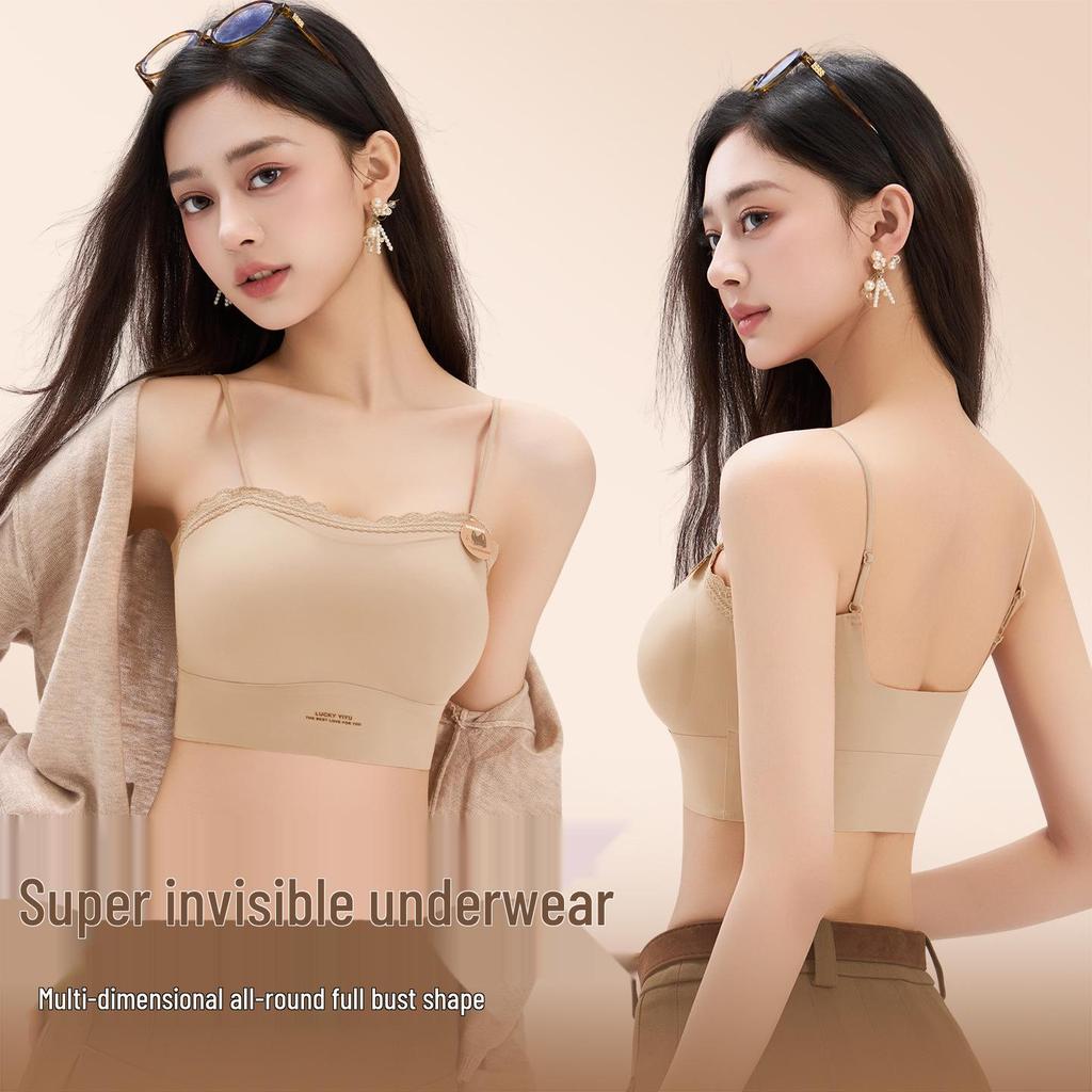 Summer Seamless Lace Trim Push-Up Bandeau Bra – Wire-Free, Strappy, Anti-Exposure, Sweet Beautiful Back Design.