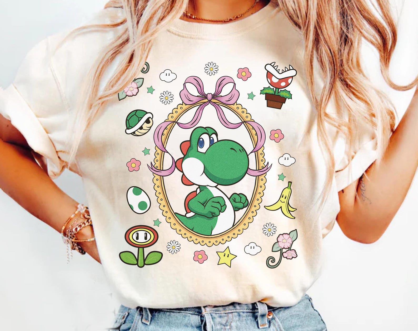 Yoshi Super Mario Shirt, Coquette Bow Dinosaur Tee, Green Nintendo Graphic 4XL