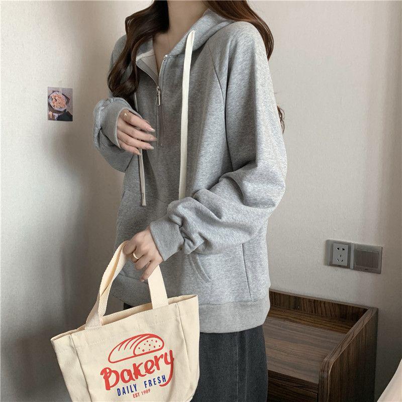 2025 Fall/Winter Women's Korean-Style Loose Half-Zip Hoodie with Slimming Velvet