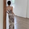 Adjustable Spaghetti Strap Ink Painting Bodycon Fishtail Dress - Chinese Style