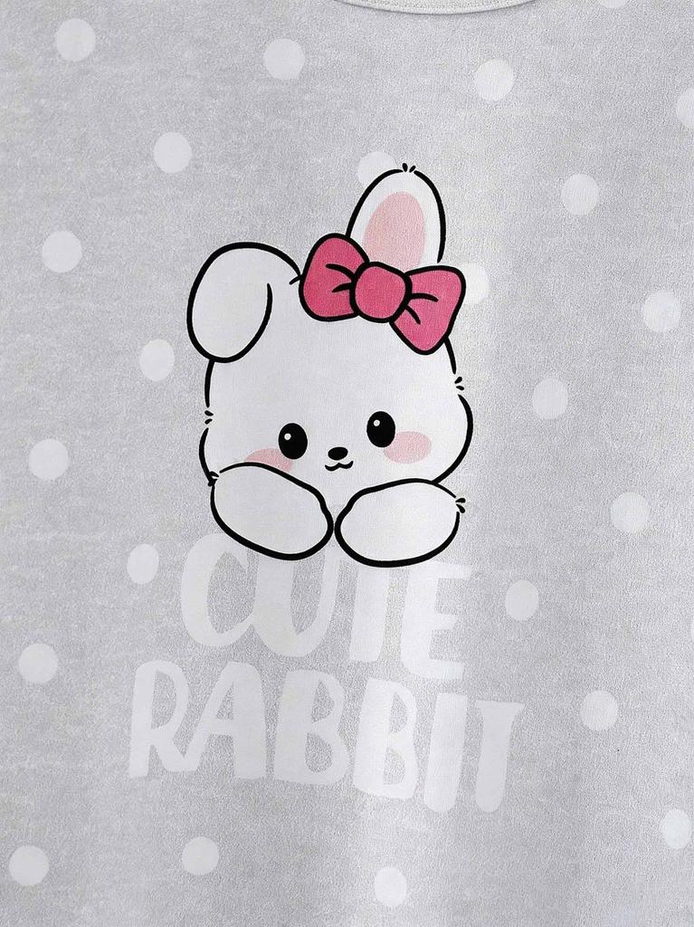 Girls Pajama Set, Cute Rabbit & Polka Dot Short Sleeve Top & Long Pants, Soft Sleepwear for 8-12 Years