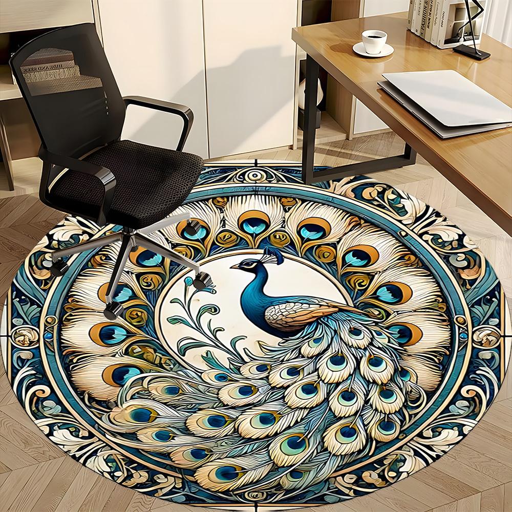 1 Stück Pfauen-Mandala Rundes Büroteppich, Matte Geeignet Für Büro, Unter Bürostühlen Schlafzimmer Wohnzimmer Heimdekoration, Zimmerdeko