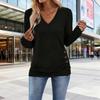 Women Tops V-Neck Long Sleeve Side Buttons Decor Casual Pullover Tops Solid Color Spring Autumn Blouse