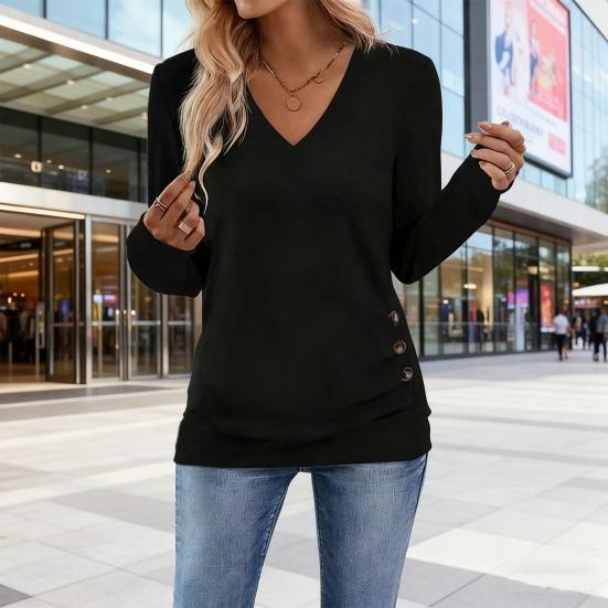 Women Tops V-Neck Long Sleeve Side Buttons Decor Casual Pullover Tops Solid Color Spring Autumn Blouse