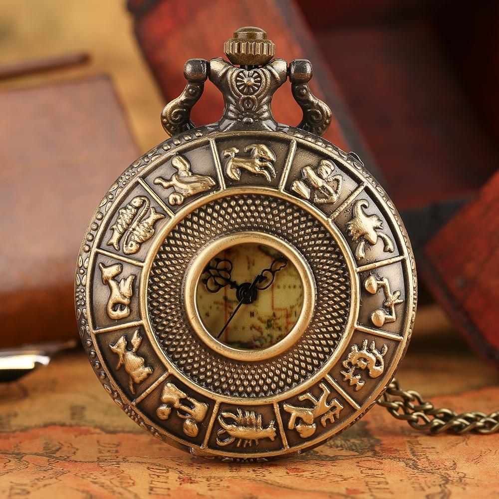 Antique Bronze Zodiac Star Sign Pocket Watch with Storage Box Retro Map Pattern Dial Necklace Watch Collection Gift Men Women