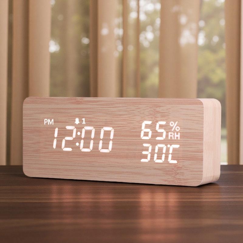 Upgraded Version of Simple Temperature and Humidity Wooden Clock Snooze Silent Alarm Clock LED Wooden Clock Electronic Clock Thermometer