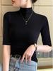 Women's Black Ribbed Three-Quarter Sleeve Slim-Fit Half-High Neck T-Shirt for Spring/Autumn 2025