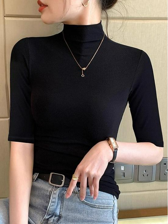Women's Black Ribbed Three-Quarter Sleeve Slim-Fit Half-High Neck T-Shirt for Spring/Autumn 2025