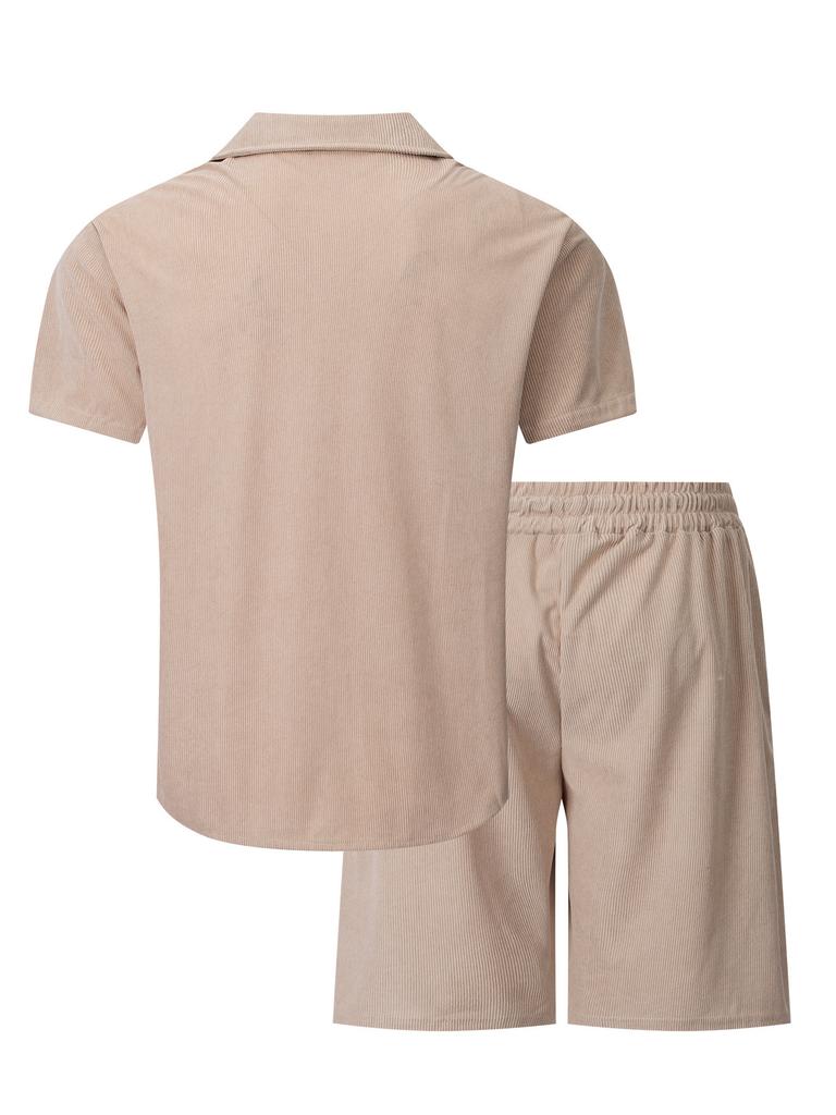 2025 Summer Jacquard Solid Color Suit Short-sleeved Men's Vacation Casual Style Shirt and Shorts Two-piece Set