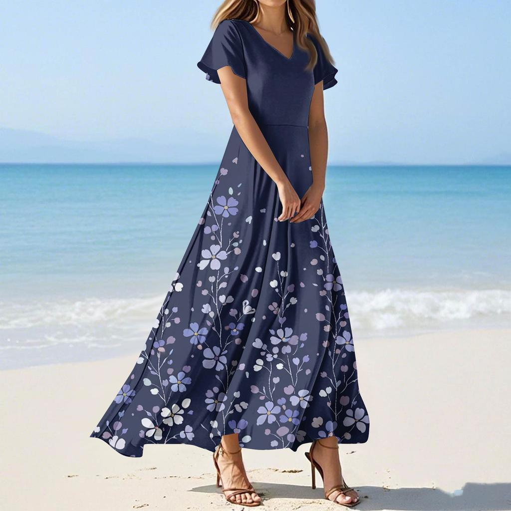 Women's Summer Casual Fashion Print Color Dresses V-Neck Short Sleeve Dresses