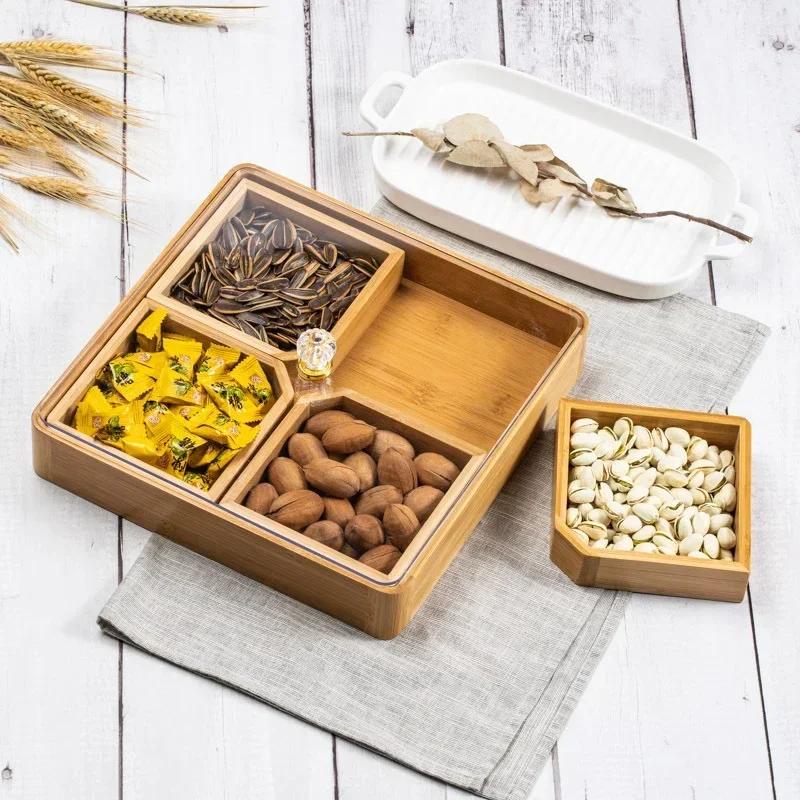 Wooden Bamboo Partition Tray With Cover Nuts Dried Fruit Candy Holder Party Indoor Outdoor Appetizer Food Serving Plate Supply