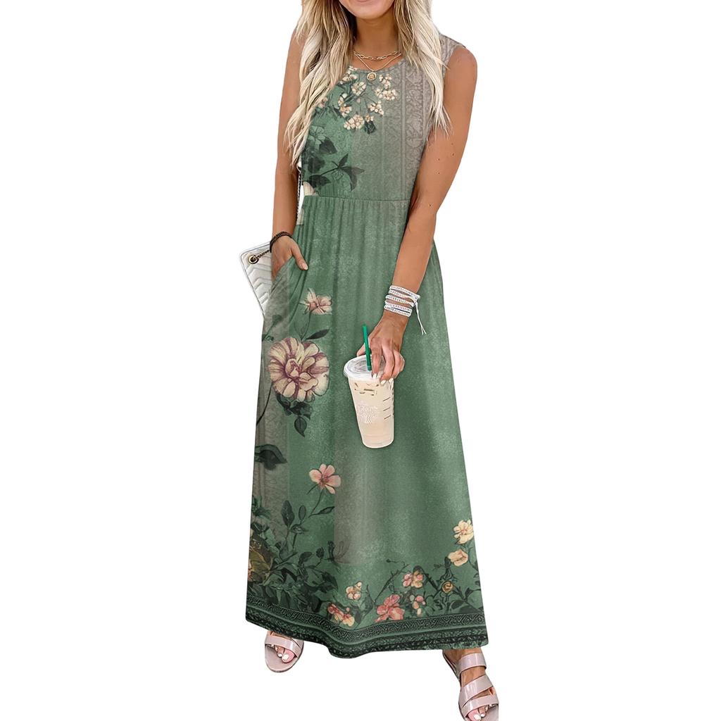 Ladies' Floral Print Casual and Fashionable Waist Cinched Sleeveless Dress