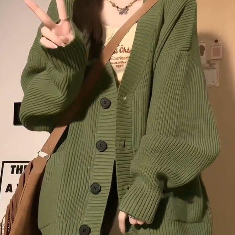 

Женский вязаный кардиган-пальто для ранней осени - Маленький размер S for 80-95 jin зелёный