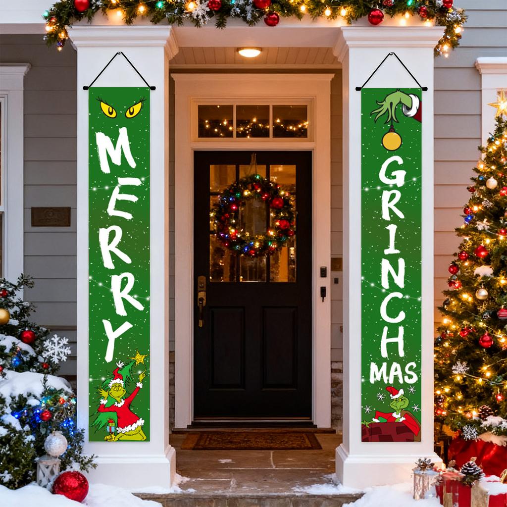 New Arrival! 30*180cm Christmas GreenGhost Couplets - Polyester,Durable& Eye-catching Design for Home & Cafe Decoration.