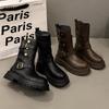 Brown Medium Tube Wear Heightening Spring and Autumn British Style Martin Boots Thick Sole Fold New Fashion Two Children Short Boots 2025