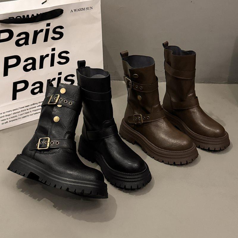 Brown Medium Tube Wear Heightening Spring and Autumn British Style Martin Boots Thick Sole Fold New Fashion Two Children Short Boots 2025