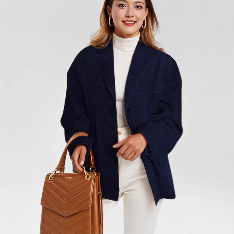 

Жіночий піджак нового стилю Осінній модний вінтажний вільний кишеньковий з довгим рукавом Імпортний маленький блейзер для жінок XXL темно-синього кольору