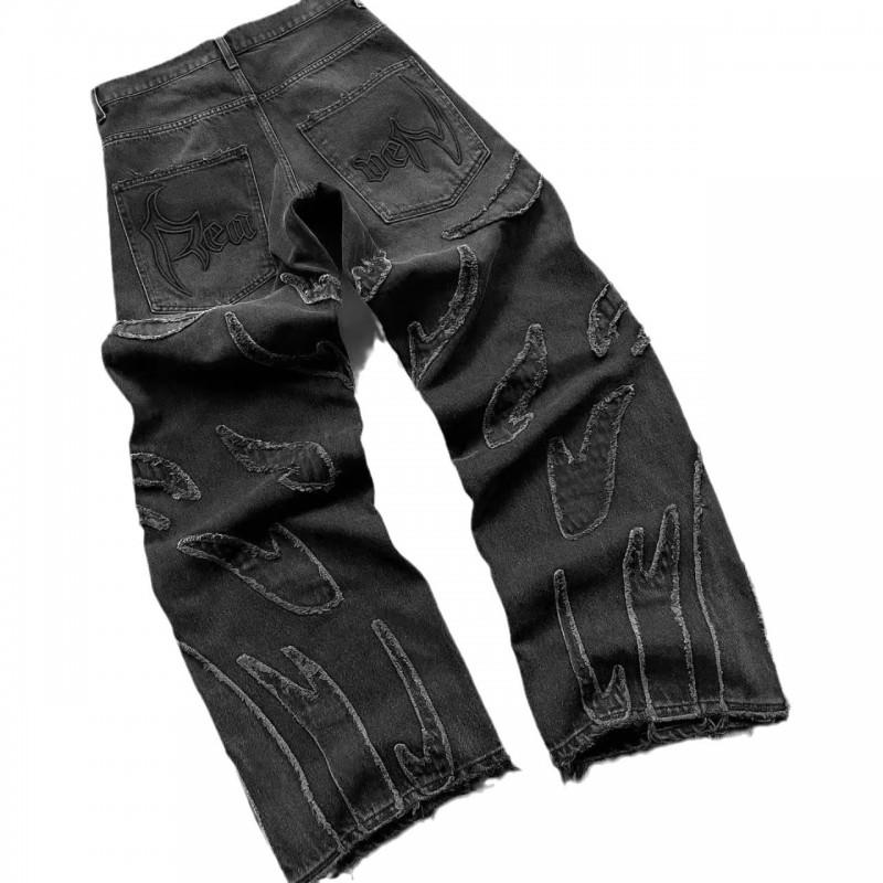 Mens Loose Fit Straight Leg Denim Jeans With Gradient 3D Print Washed Vintage Style Streetwear
