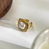 European & American Style Stainless Steel Open Ring with Square Texture & Imitation Pearl