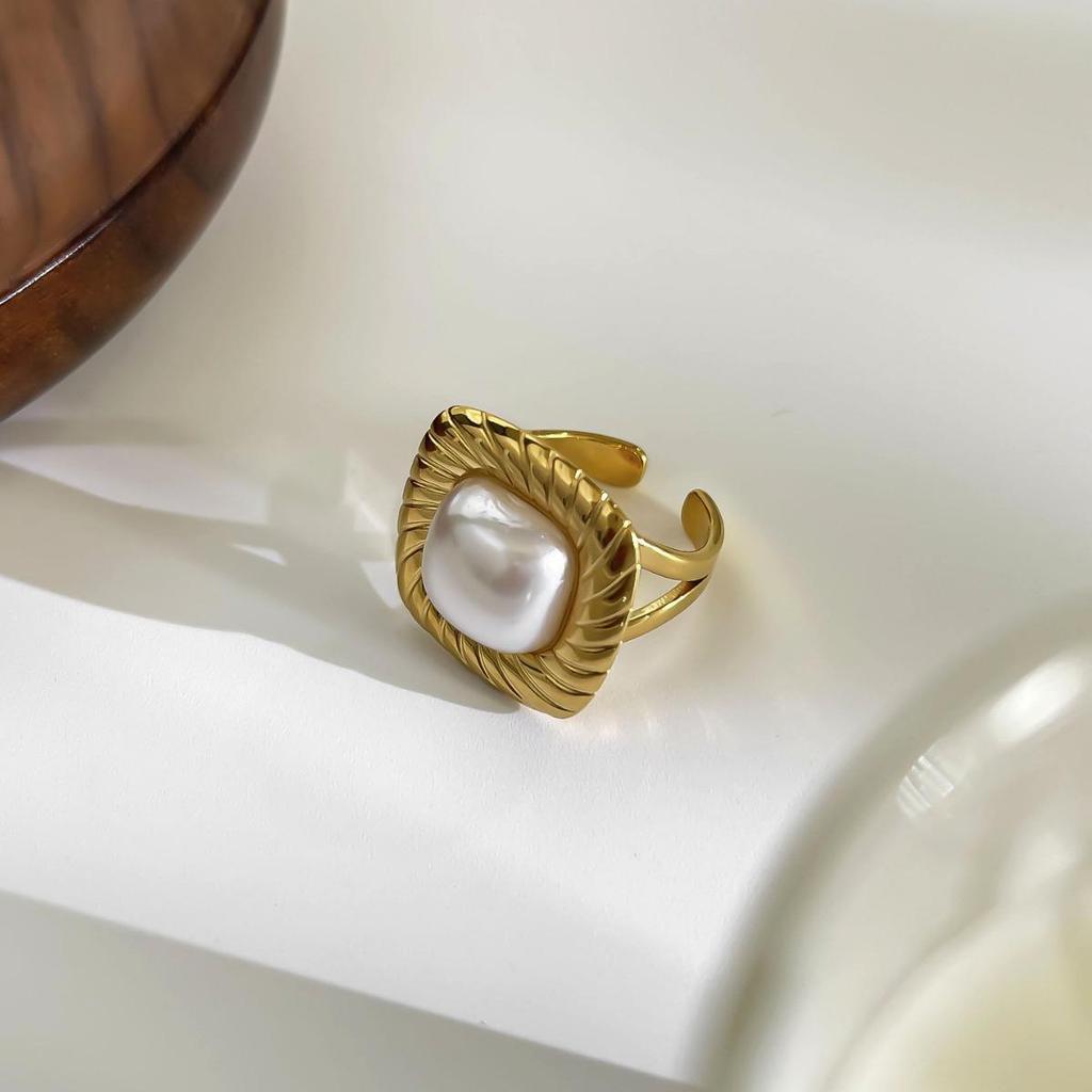 European & American Style Stainless Steel Open Ring with Square Texture & Imitation Pearl