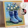 Framed Pearl Art DIY Kit with Blue Rain Boots Flower Pattern 3D Sparkling Bead Canvas Painting Handmade Gift for Wall Home Decoration