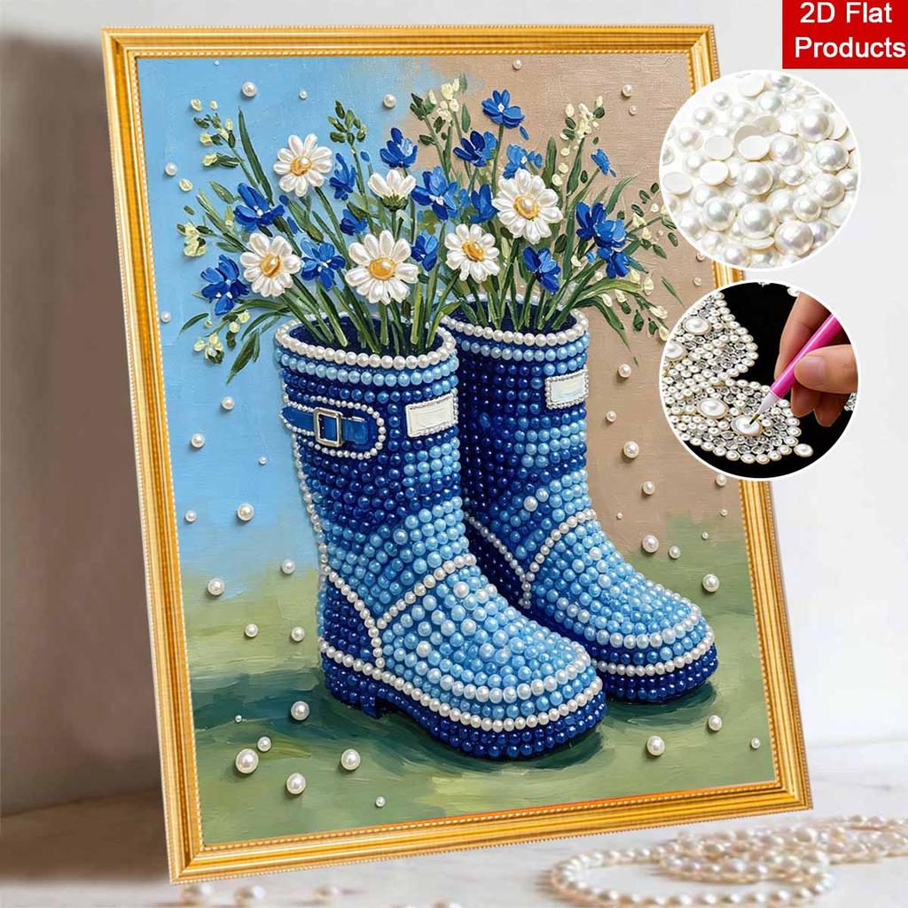 Framed Pearl Art DIY Kit with Blue Rain Boots Flower Pattern 3D Sparkling Bead Canvas Painting Handmade Gift for Wall Home Decoration