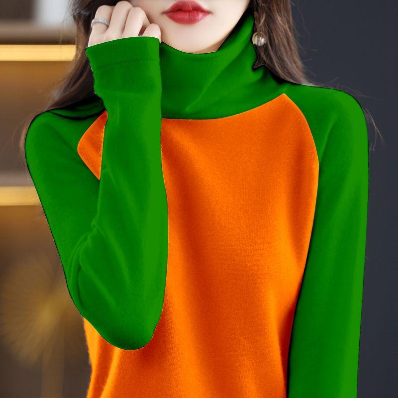 Autumn Women's Knitted Sweater Thin Long Sleeve Turtleneck Loose Knitted Bottom Shirt  Pullover Color-blocked Knit Top