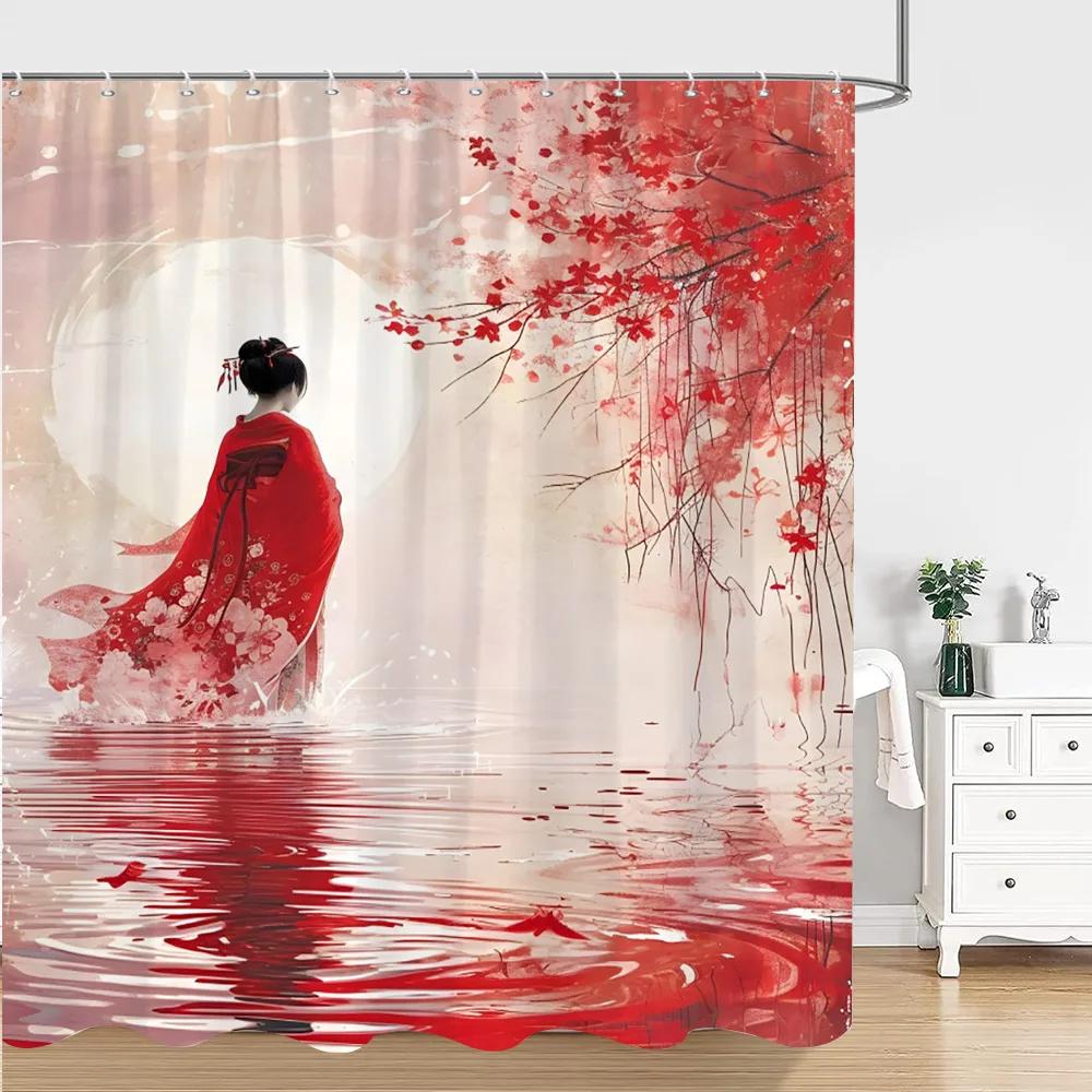 Chinese Japanese Ink Painting Shower Curtain Red Plum Blossom Art Painting Retro Style Polyester Shower Curtains Bathroom Deco