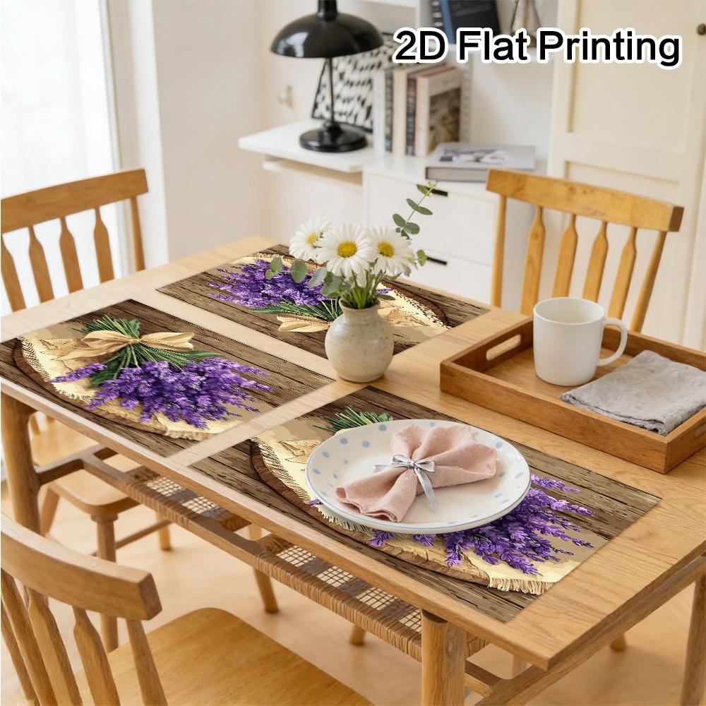 (2D Flat) 4pcs/6pcs Lavender Bouquet On Wood Place Mats, Kitchen Table Mat Sleek Dining Decor, Daily Dine, Kitchen Accent Dinner