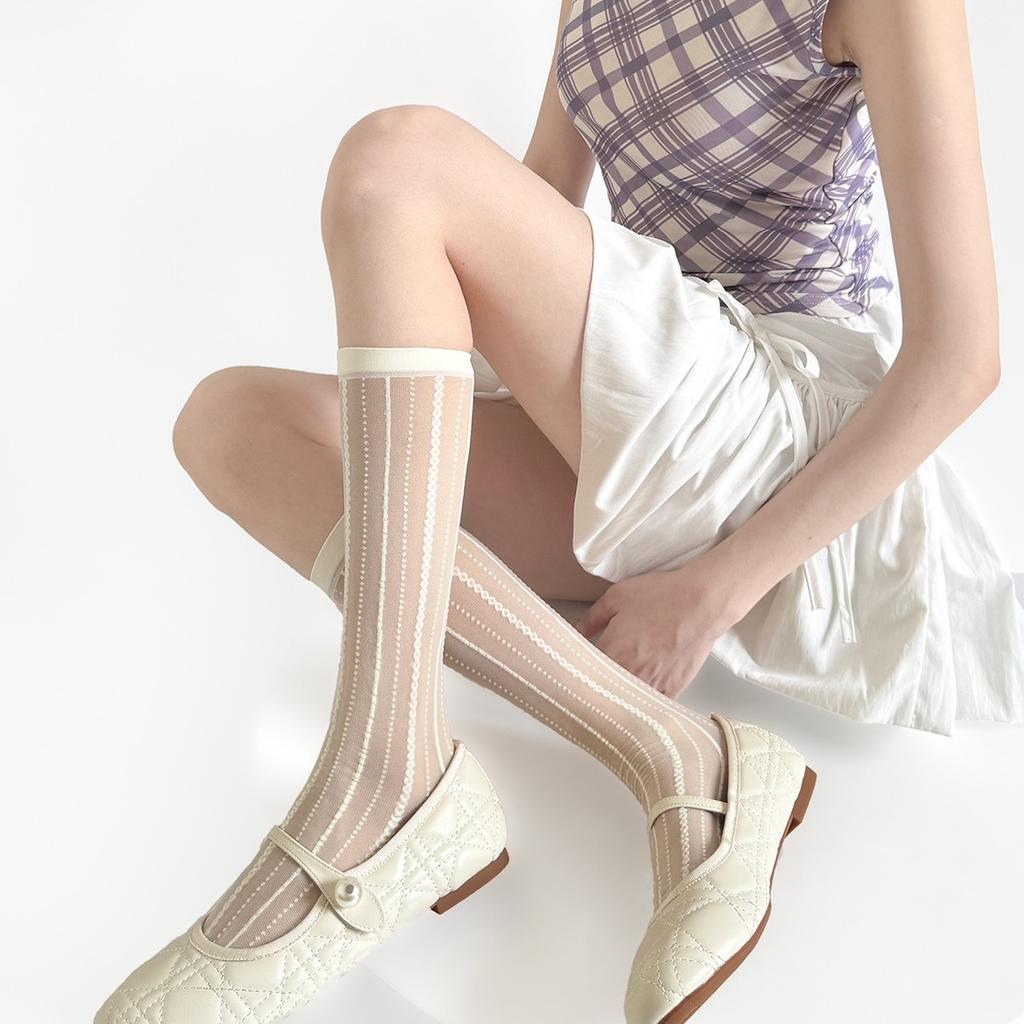 Spring Summer Niche Design Women Stockings Pearl Curtain Vertical Jacquard Slimming Stockings Lace French Calf Milk White Socks