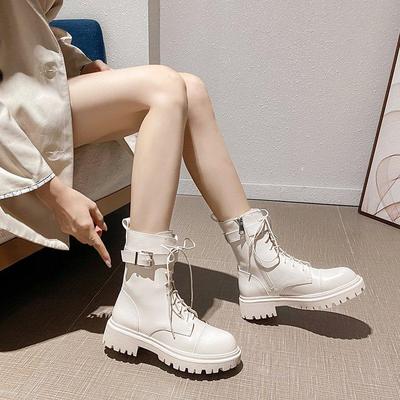 Women's Soft Leather Mid-Calf Martin Boots, Autumn-Winter 2025, White Fleece-Lined, Flat Thick Sole, Motorcycle Rider Style.