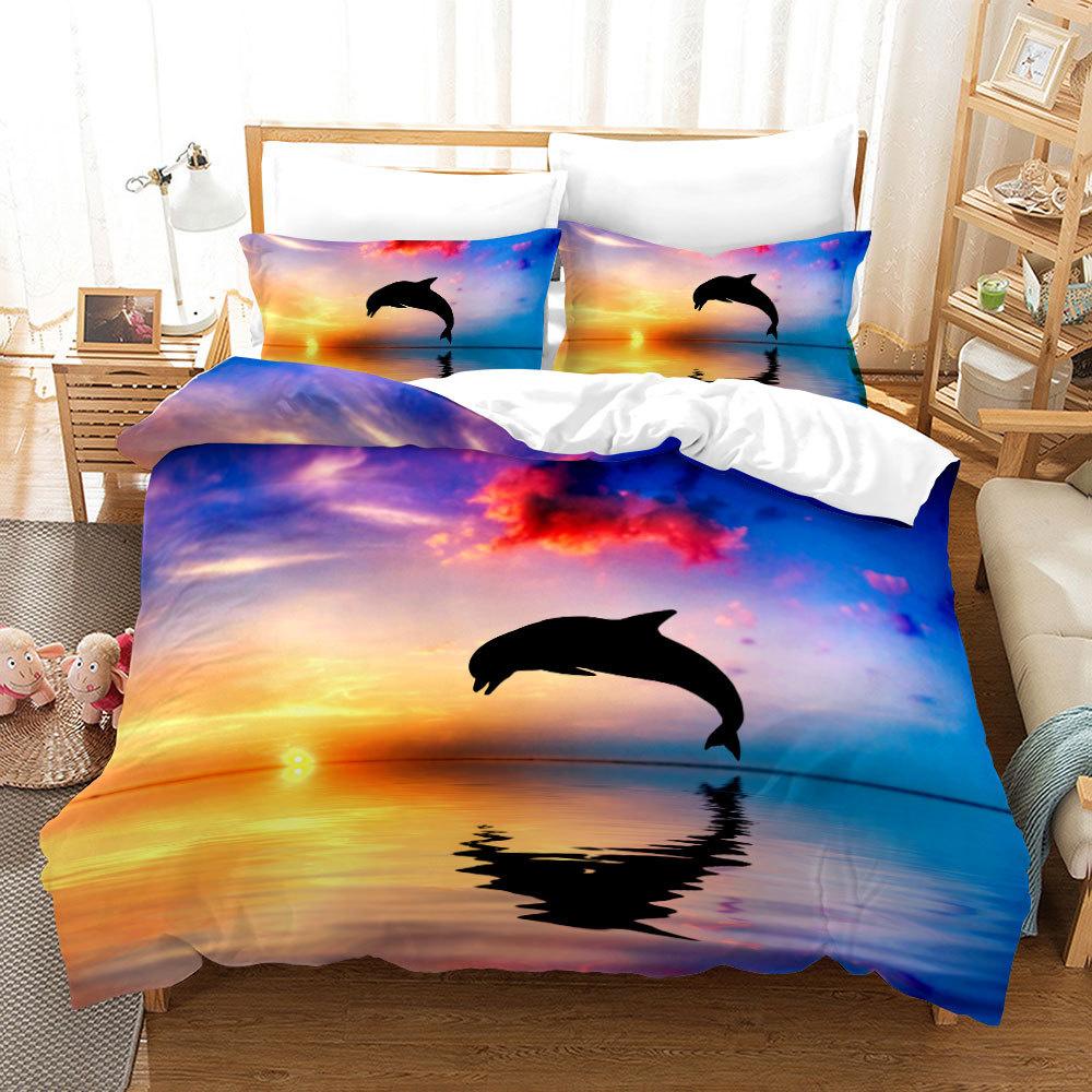 Dolphin Turtle Bedding Set Print Quilt Cover 3 Pieces Duvet Cover Sea Animals Scenery Comforter Set Kids Boys Duvet Cover Set