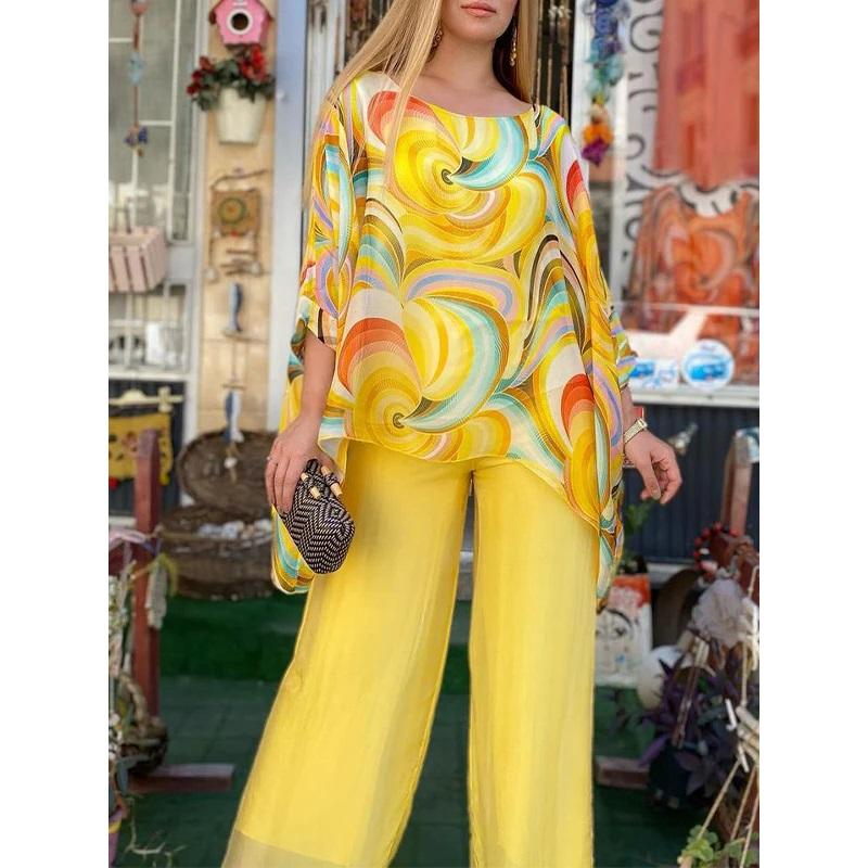 

Women s Abstract Printed Chiffon Two Piece Bat Sleeve Top And Wide Leg Pants XXXL жовтий