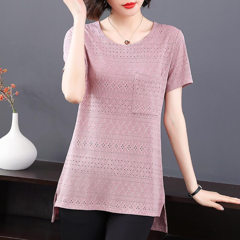 T-shirt a maniche corte da donna per l'estate, nuova, con corpo traforato, taglia grande, lunghezza media, per corporature robuste, top ampio e snellente