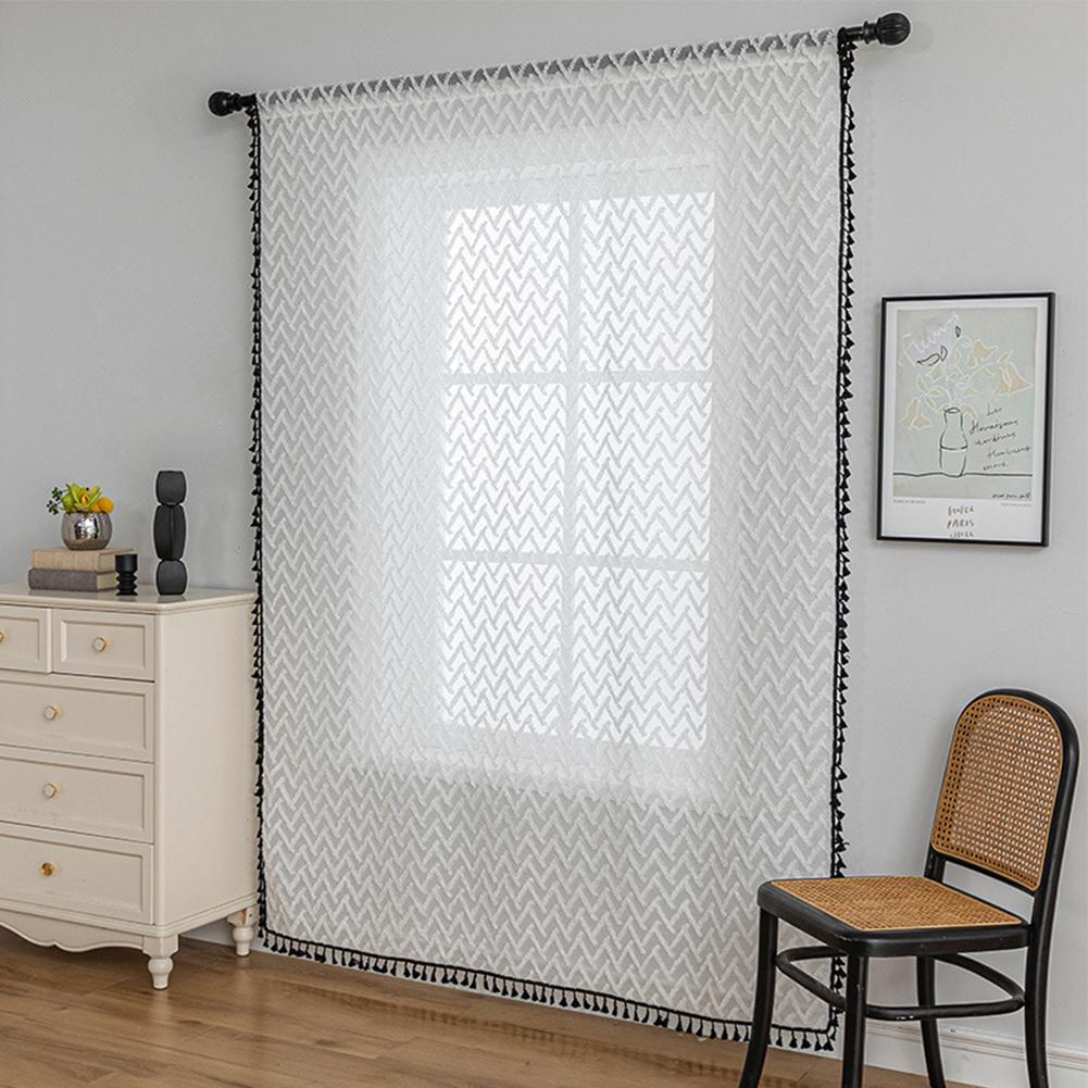 1PC LOZUJOJU Boho Geometric Herringbone Sheer Curtain with Tassels, Light Filtering Tulle for Living Room Bedroom Home Decor