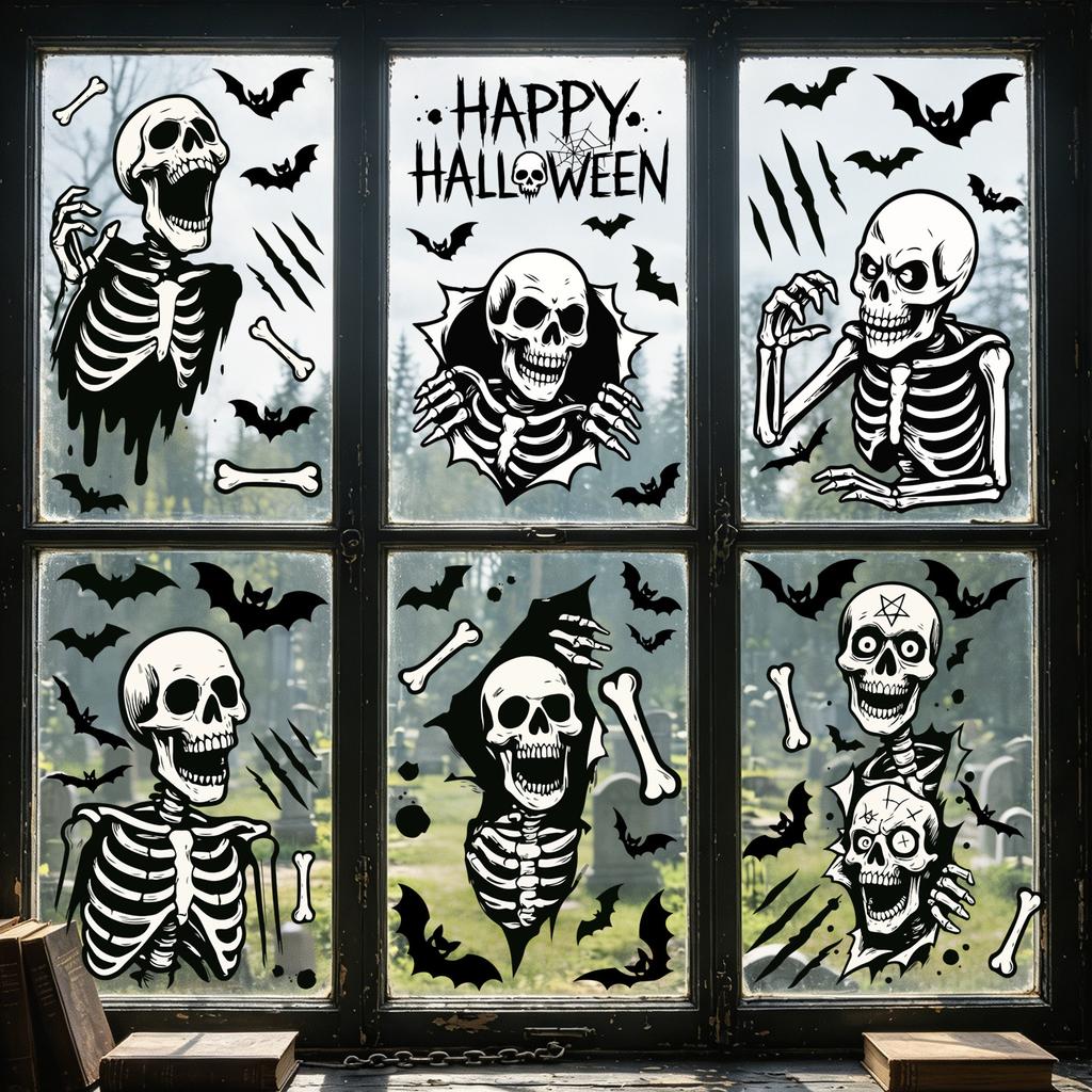 Halloween Black and White Skull Static Window Sticker Hole Skeleton Bat Bone Glass Sticker Decoration