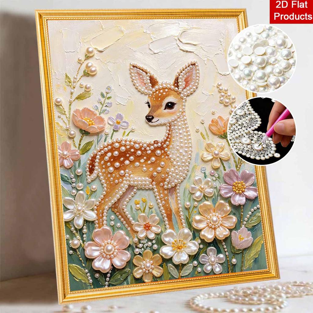 DIY Frameless Pearl Painting Kit Cute Deer Flower 3D Shiny Bead Art Canvas Relaxing Creative Craft for Home Wall Decor Gift