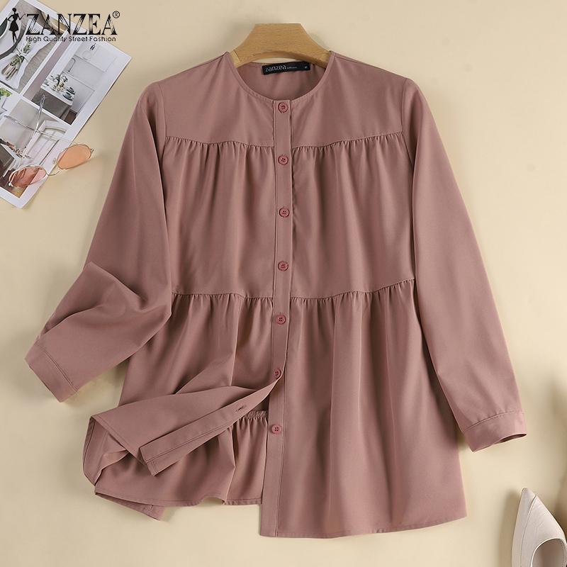 

ZANZEA Женская повседневная однотонная блузка с длинным рукавом и круглым вырезом