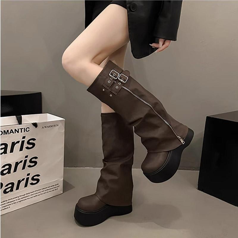 Fashion Vintage Platform Thick Bottom Woman Knight Boot Fashion Belt Buckle Ladies Autumn Winter Knee High Booties