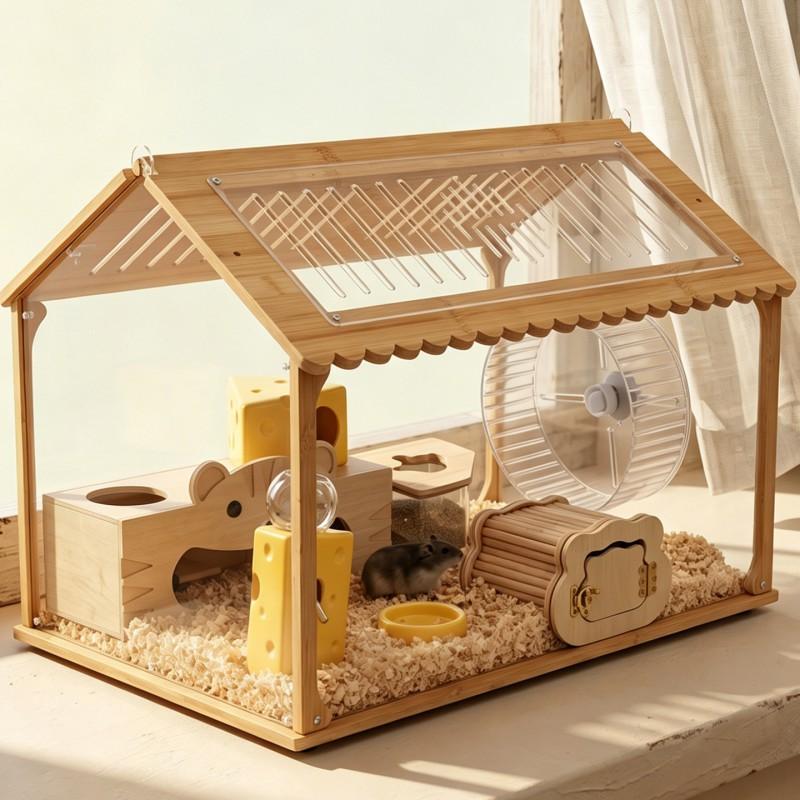 Large Wooden Hamster Cage With Clear Acrylic Panels Ventilated Escape-Proof Design Syrian Dwarf Hamsters