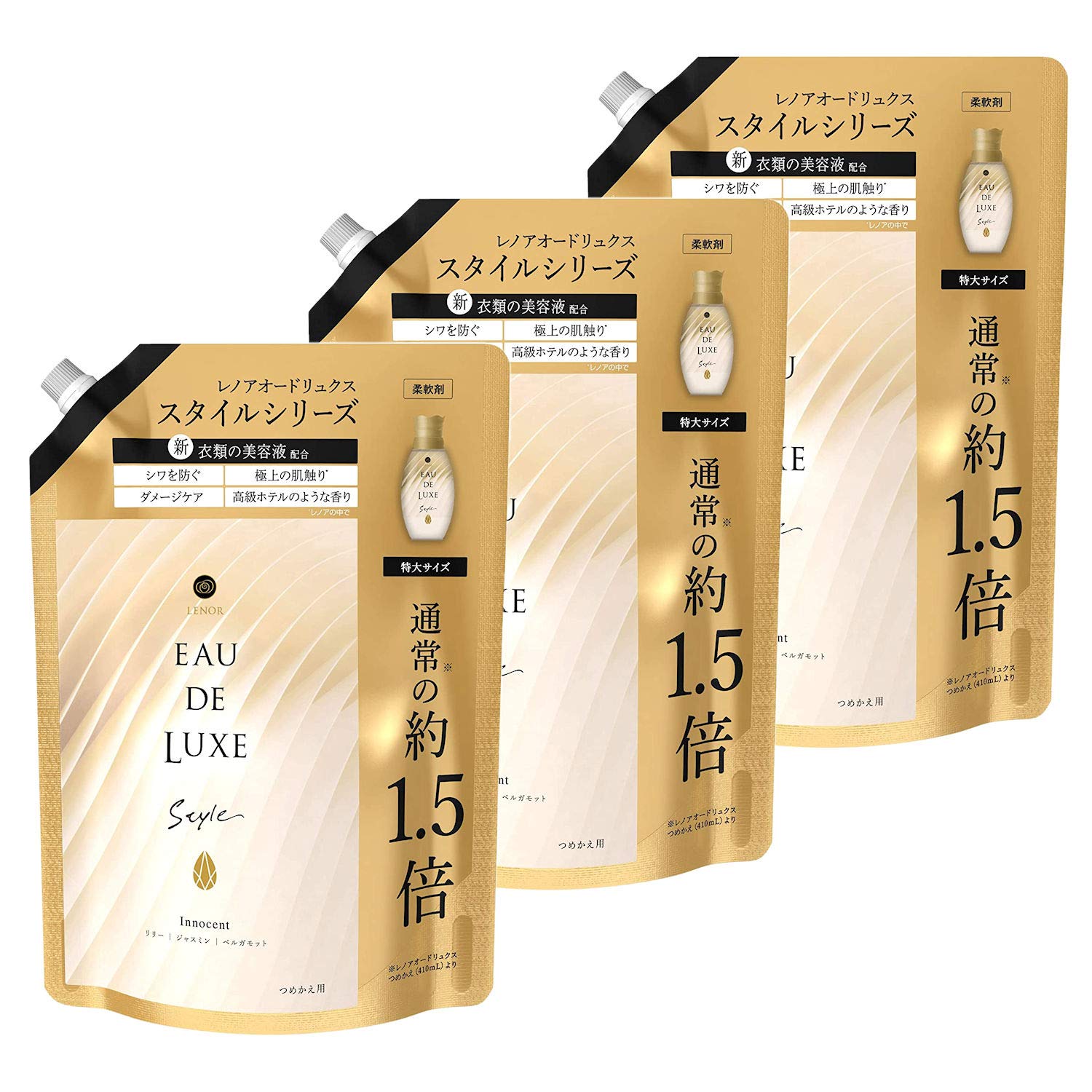 

Кондиционер для белья Lenor Eau de Luxe Style с сывороткой Innocent Capacity x 3, запасной блок, прибл.. 1,5x (600 мл)