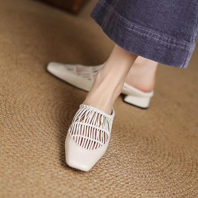 Fashion NEW Summer Women Mules Split Leather Shoes Women Square Toe Chunky Heel Shoes Cover Toe Slingback Sandals Weave Modern Slippers