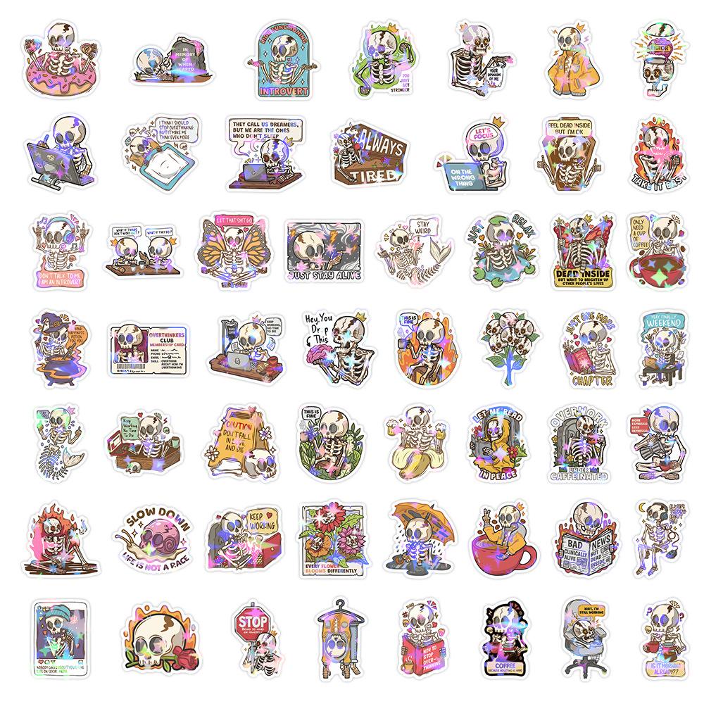 50/100Pcs Holographic Skull Cartoon Doodle Stickers Pack Waterproof for Suitcase Laptop Helmet Skate Phone Scrapbook Cup Decals