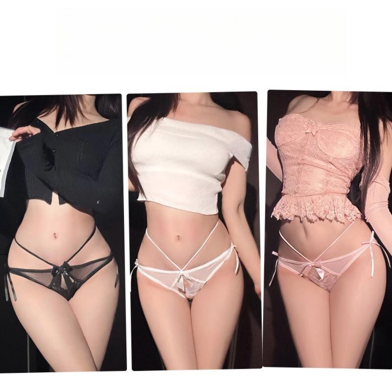 Sexy and alluring bow-tie lace panties for women, adjustable, hollowed-out see-through mesh, breathable low-waisted briefs