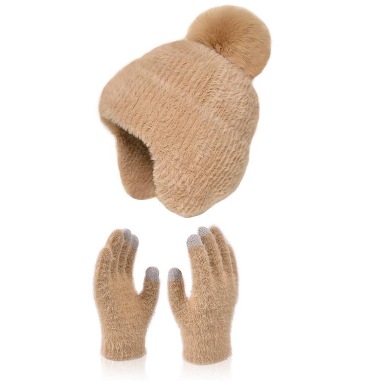 Winter Knit Hat And Gloves Set With Windproof Fleece For Ladies Outdoor Warmth Comfort