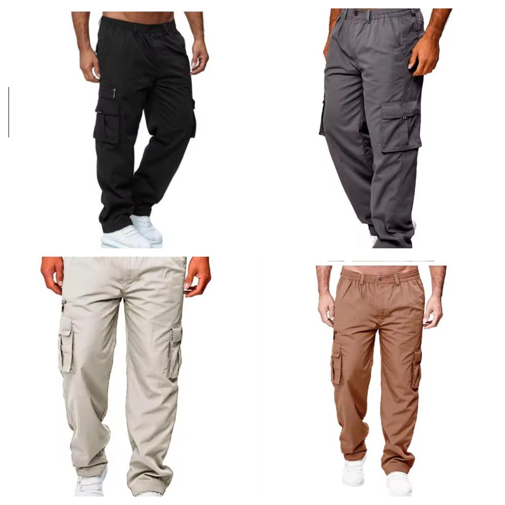 New casual workwear with multiple pockets, men's loose straight leg, solid color, multifunctional workwear pants, black jogging