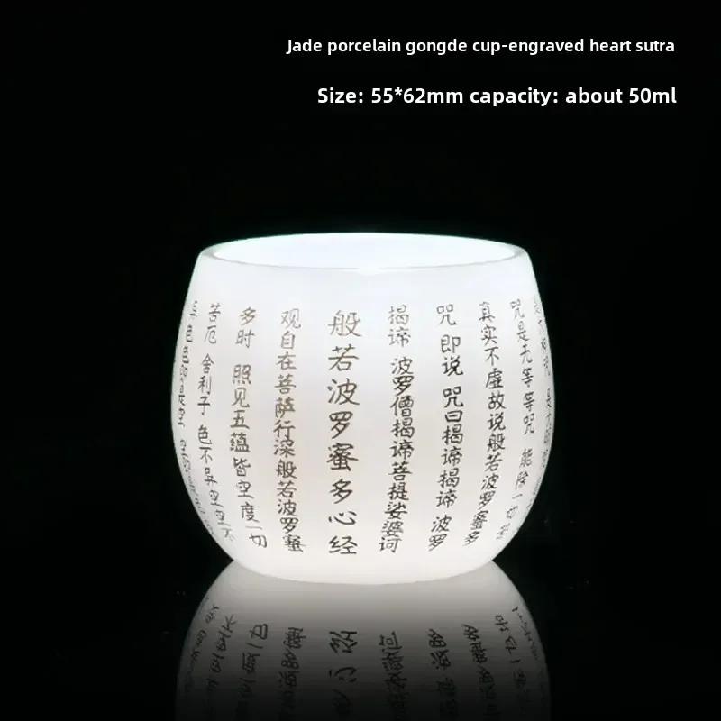 Engraved Heart Sutra Jade Porcelain Master Cup Kung Fu Tea Scent Glass Single Rong Shan Tang Drinkware Kitchen Dining Bar