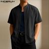 INCERUN Men Collarless Short Sleeve Button Down Casual Loose Shirts Tops
