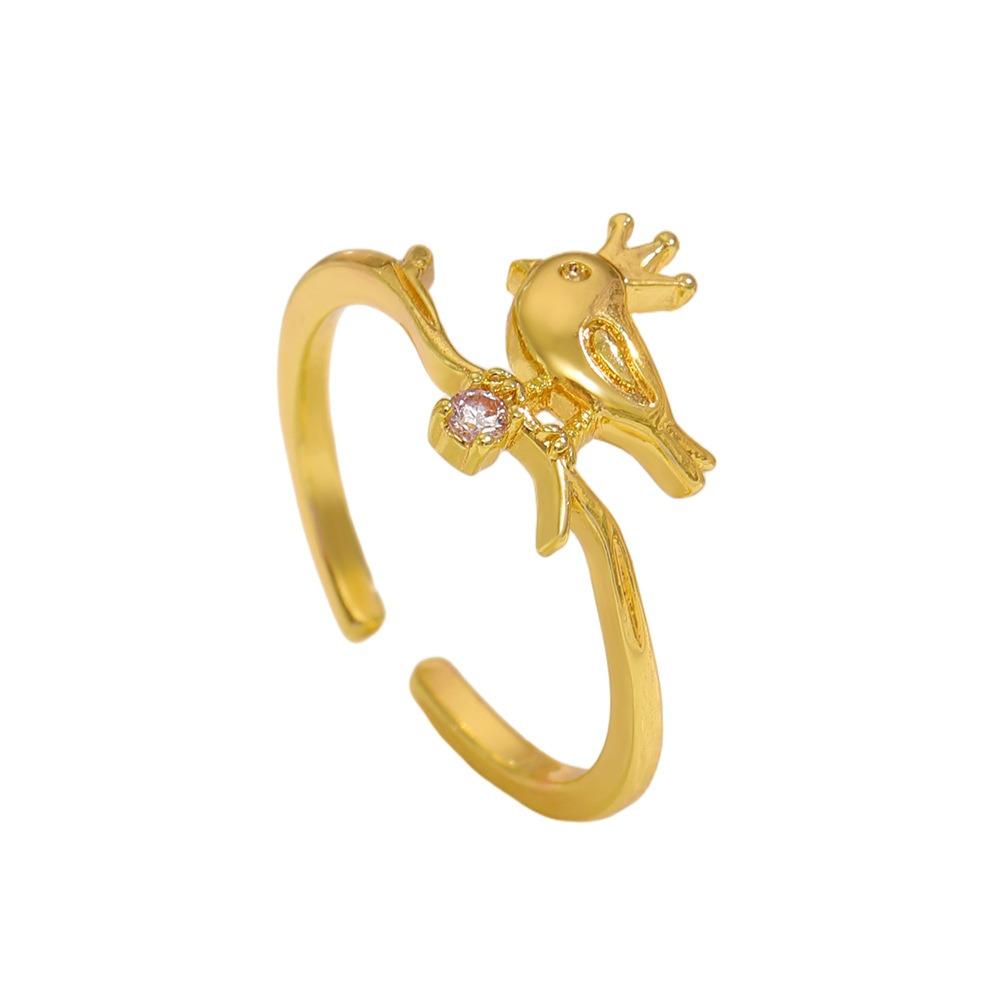 Exquisite Charm Gold Color Inlay Zircon Crown Little Bird Branch Opening Ring for Woman Stainless Steel Cute Animal Jewelry Gift